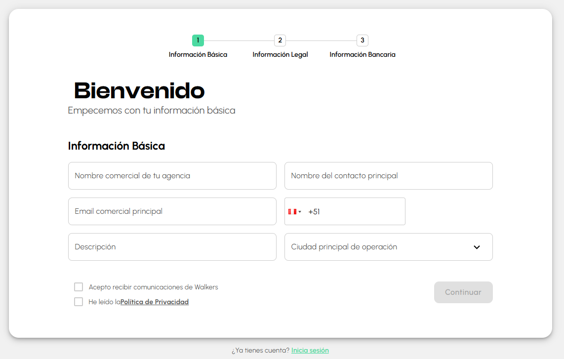Formulario de registro de proveedor en Voya - Información básica