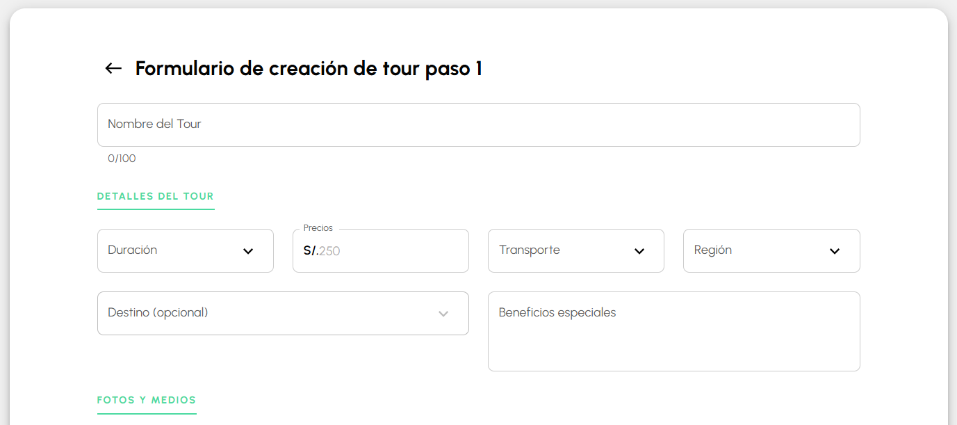 Formulario de creación de tour en la plataforma Voya
